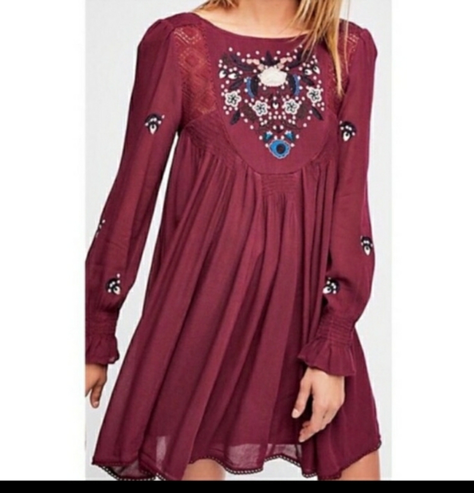 Free People Mohave Burgundy Embroidered Dress